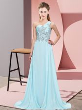 On Sale Light Blue Empire Beading Prom Party Dress Side Zipper Chiffon Sleeveless Floor Length