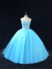 Graceful Sleeveless Floor Length Beading Lace Up Quince Ball Gowns with Baby Blue