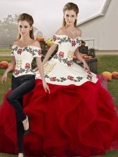 Shining White And Red Sleeveless Floor Length Embroidery and Ruffles Lace Up Sweet 16 Quinceanera Dress