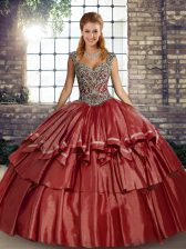 Sophisticated Rust Red Ball Gowns Straps Sleeveless Taffeta Floor Length Lace Up Beading and Ruffled Layers Quinceanera Dresses