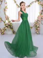 Glorious Chiffon One Shoulder Sleeveless Lace Up Ruching Quinceanera Court of Honor Dress in Dark Green