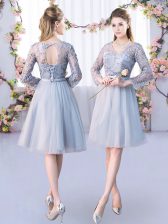 New Arrival Tulle V-neck Long Sleeves Lace Up Lace and Belt Court Dresses for Sweet 16 in Grey