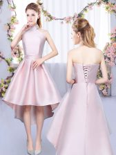 Customized Baby Pink Satin Lace Up Halter Top Sleeveless High Low Damas Dress Ruching