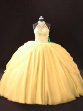  Gold Tulle Lace Up Ball Gown Prom Dress Sleeveless Floor Length Beading and Pick Ups