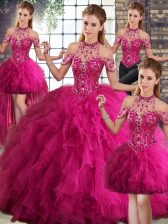 Glittering Fuchsia Halter Top Neckline Beading and Ruffles Quince Ball Gowns Sleeveless Lace Up