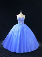 Dramatic Sweetheart Sleeveless Ball Gown Prom Dress Floor Length Beading Blue Tulle