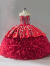 Wonderful Red Lace Up Sweetheart Embroidery Quinceanera Gown Fabric With Rolling Flowers Sleeveless Brush Train