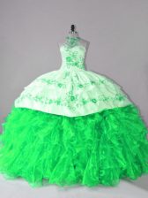 Dazzling Halter Top Sleeveless Vestidos de Quinceanera Court Train Embroidery and Ruffles Organza