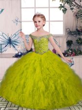  Olive Green Lace Up Little Girl Pageant Gowns Beading and Ruffles Sleeveless Floor Length