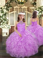  Beading and Ruffles Kids Pageant Dress Lilac Lace Up Sleeveless Floor Length