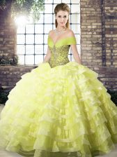 Fashion Yellow Ball Gowns Organza Off The Shoulder Sleeveless Beading and Ruffled Layers Lace Up Vestidos de Quinceanera Brush Train