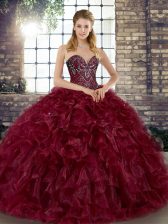 Flare Floor Length Burgundy Quinceanera Dress Organza Sleeveless Beading and Ruffles