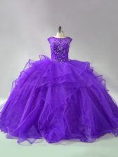  Organza Scoop Sleeveless Brush Train Lace Up Beading and Ruffles 15th Birthday Dress in Purple