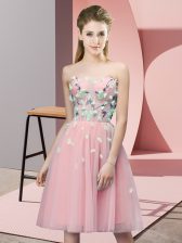 Affordable Knee Length Pink Dama Dress for Quinceanera Sweetheart Sleeveless Lace Up