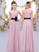 Deluxe One Shoulder Sleeveless Dama Dress for Quinceanera Floor Length Belt Pink Chiffon