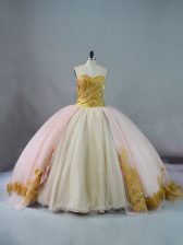 Fitting Sweetheart Sleeveless Quinceanera Dress Beading and Lace and Appliques Brush Train Lace Up