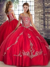 Ideal Red Tulle Lace Up Off The Shoulder Sleeveless Floor Length Quinceanera Dresses Beading and Embroidery