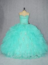 Flare Floor Length Ball Gowns Sleeveless Aqua Blue Quinceanera Gown Lace Up