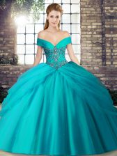  Teal Ball Gowns Tulle Off The Shoulder Sleeveless Beading and Pick Ups Lace Up Vestidos de Quinceanera Brush Train