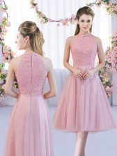  Tea Length Zipper Quinceanera Court of Honor Dress Pink for Wedding Party with Lace