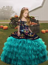  Teal Straps Lace Up Embroidery and Ruffled Layers Pageant Dress Womens Sleeveless