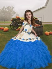  Blue Lace Up Child Pageant Dress Embroidery and Ruffles Sleeveless Floor Length