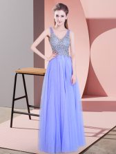  Tulle Sleeveless Floor Length Homecoming Dress and Beading