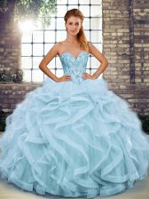 Custom Design Light Blue Lace Up Sweetheart Beading and Ruffles Quince Ball Gowns Tulle Sleeveless