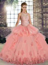  Watermelon Red Sleeveless Floor Length Lace and Embroidery and Ruffles Lace Up Sweet 16 Dresses