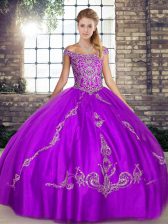 Vintage Purple Ball Gowns Beading and Embroidery Sweet 16 Dress Lace Up Tulle Sleeveless Floor Length