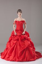 Noble Red Sleeveless Ruching and Pick Ups and Hand Made Flower Lace Up Sweet 16 Dress