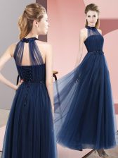 Lovely Navy Blue Halter Top Neckline Beading and Appliques Quinceanera Court of Honor Dress Sleeveless Lace Up
