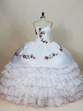 Gorgeous White Mermaid Strapless Sleeveless Organza Floor Length Lace Up Embroidery and Ruffled Layers Sweet 16 Dress
