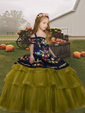 Lovely Olive Green Ball Gowns Embroidery and Ruffled Layers Little Girls Pageant Gowns Lace Up Tulle Sleeveless Floor Length