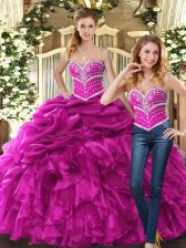  Sweetheart Sleeveless 15th Birthday Dress Floor Length Beading and Ruffles and Pick Ups Fuchsia Organza