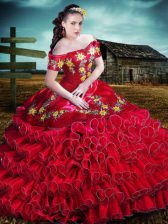 Eye-catching Red Off The Shoulder Neckline Embroidery and Ruffles Quince Ball Gowns Sleeveless Lace Up