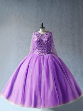 Perfect Tulle Scoop Long Sleeves Lace Up Beading Quince Ball Gowns in Lavender