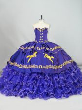 Sumptuous Purple Sweetheart Lace Up Embroidery and Ruffled Layers Quinceanera Dresses Brush Train Sleeveless