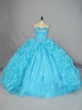  Organza Sweetheart Sleeveless Lace Up Embroidery and Ruffles 15th Birthday Dress in Blue