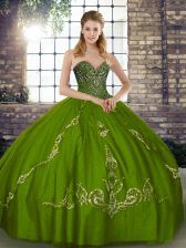  Beading and Embroidery Sweet 16 Dresses Olive Green Lace Up Sleeveless Floor Length