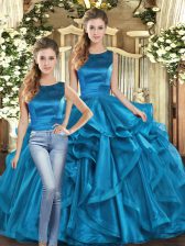  Floor Length Teal Quinceanera Dress Organza Sleeveless Ruffles
