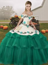 Superior Off The Shoulder Sleeveless Quince Ball Gowns Brush Train Embroidery and Ruffled Layers Turquoise Tulle