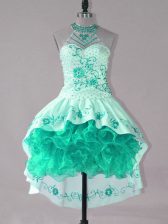  Sleeveless Lace Up High Low Embroidery and Ruffles Prom Party Dress