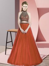 Admirable Floor Length Rust Red Halter Top Sleeveless Lace Up