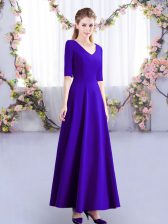 Simple Purple Empire Satin V-neck Half Sleeves Ruching Ankle Length Zipper Quinceanera Court Dresses