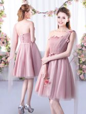 Dramatic A-line Quinceanera Dama Dress Pink One Shoulder Tulle Sleeveless Knee Length Lace Up