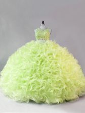 Ideal Yellow Green Fabric With Rolling Flowers Zipper Scoop Sleeveless Floor Length Sweet 16 Dresses Beading and Ruffles