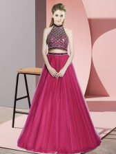 Fashion Tulle Halter Top Sleeveless Backless Beading Evening Dress in Hot Pink