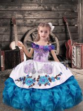 New Arrival Aqua Blue Ball Gowns Organza Off The Shoulder Sleeveless Beading and Embroidery and Ruffles Floor Length Lace Up Pageant Dresses