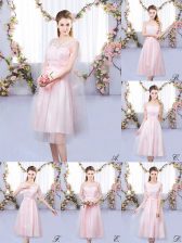 Stunning Baby Pink Sleeveless Tea Length Appliques Lace Up Damas Dress